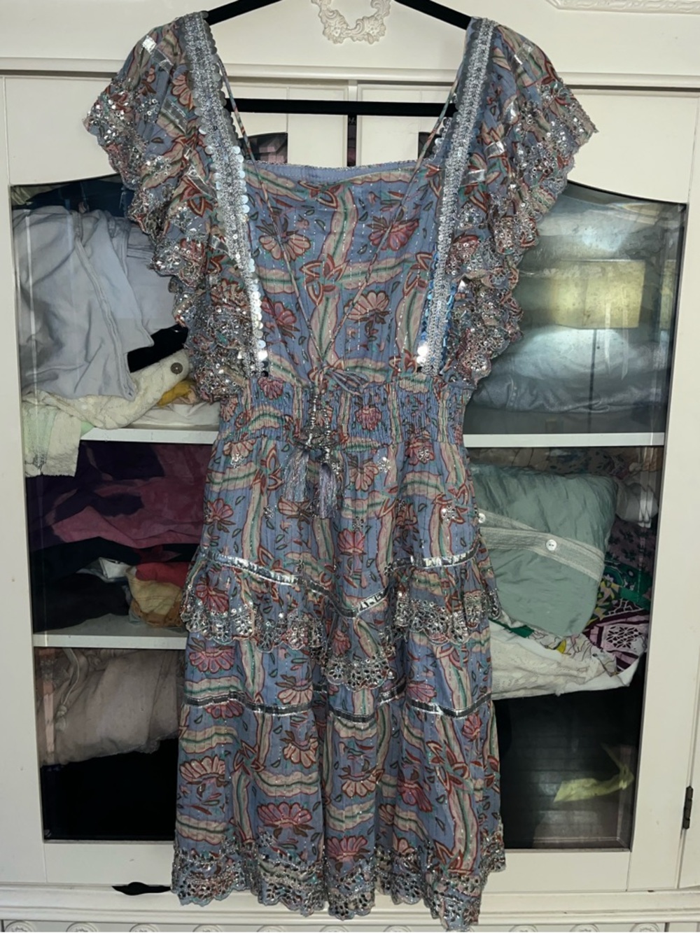💎NWT handmade Floral Ruffled Boho Mini Dress in Denim with INSANE embellishment